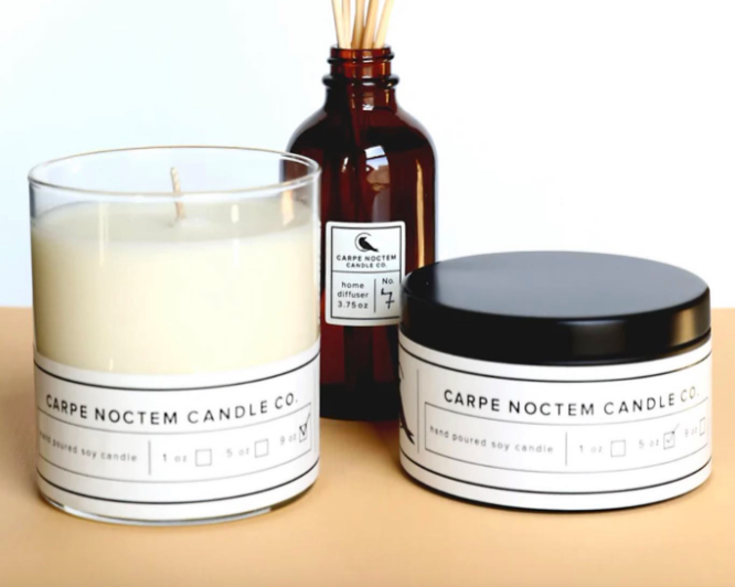 Glass jar candle diffuser and body spray at Carpe Noctem Candle Co