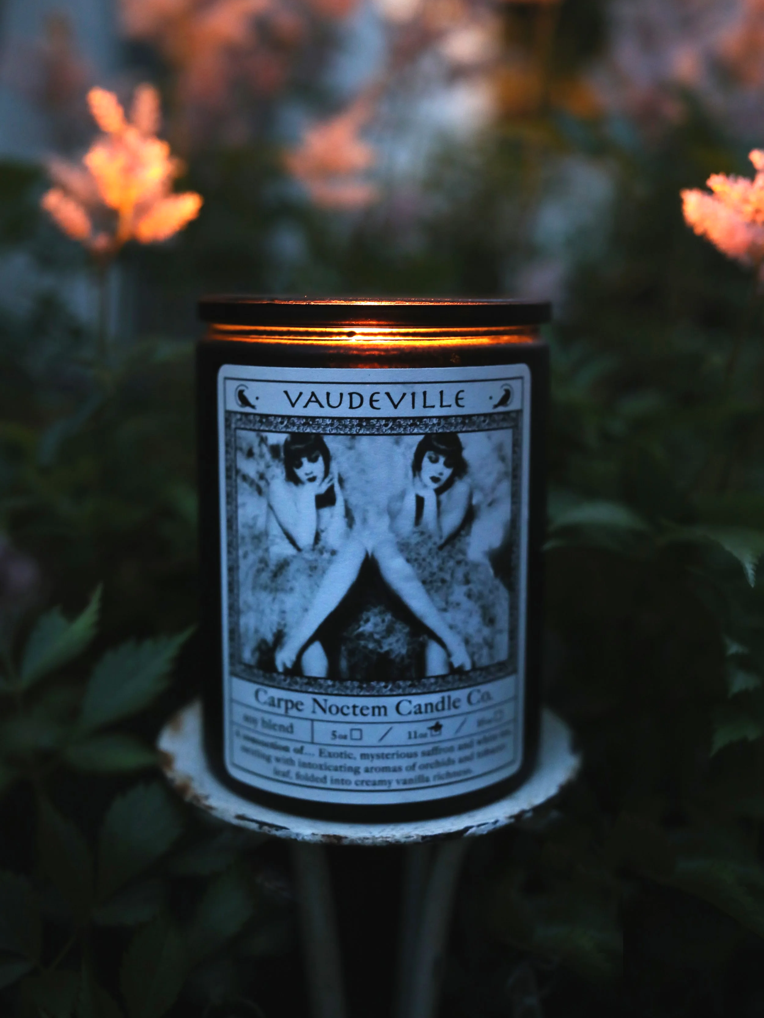 Vaudeville candle burning in the nighttime illuminating background flowers