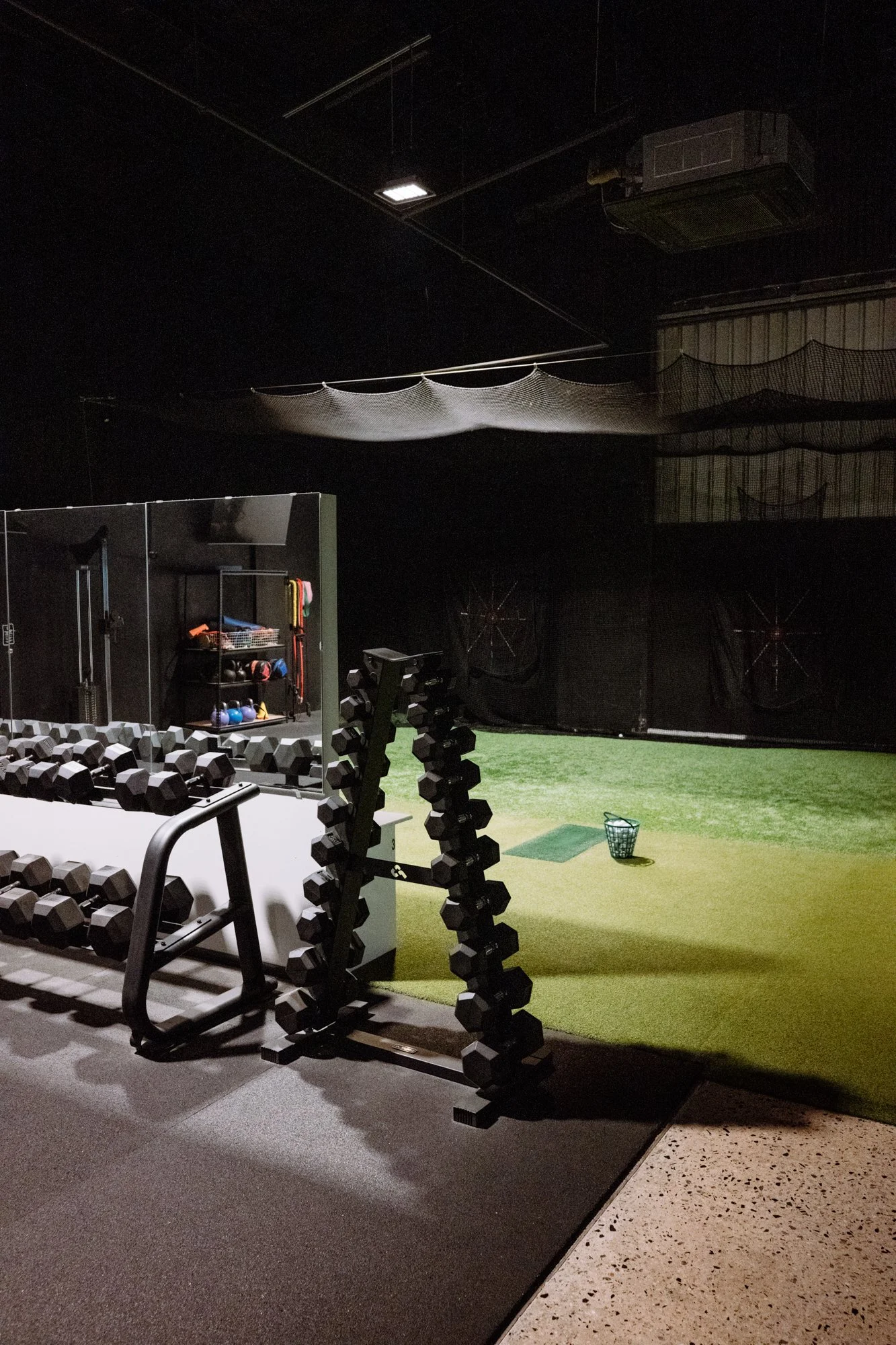 Empty gym with dumbbells, a weight rack, and a basket on a green turf floor, with exercise equipment and netting in the background.
