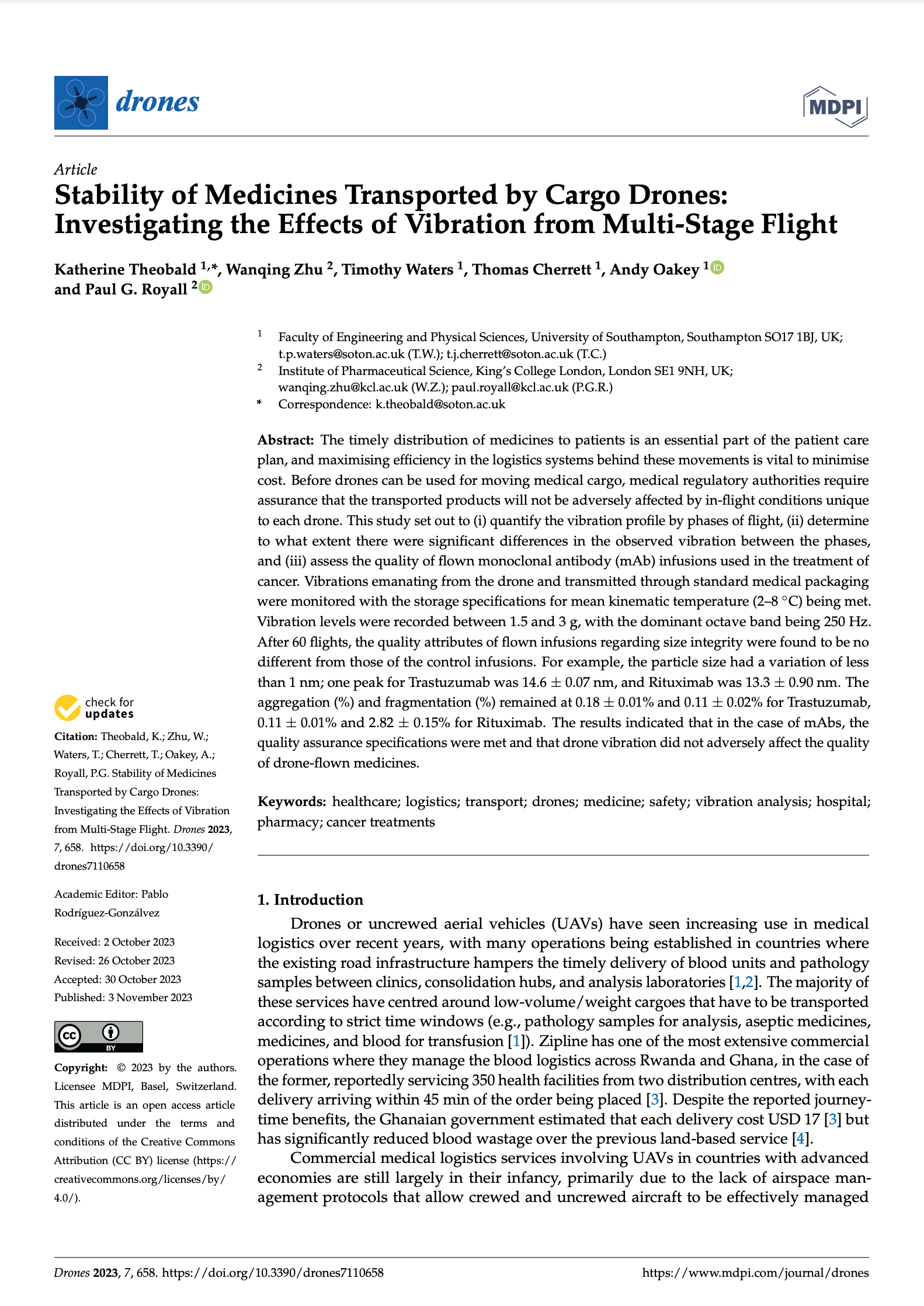 Stability of medicines transported by cargo drones: investigating the effects of vibration from multi-stage flight