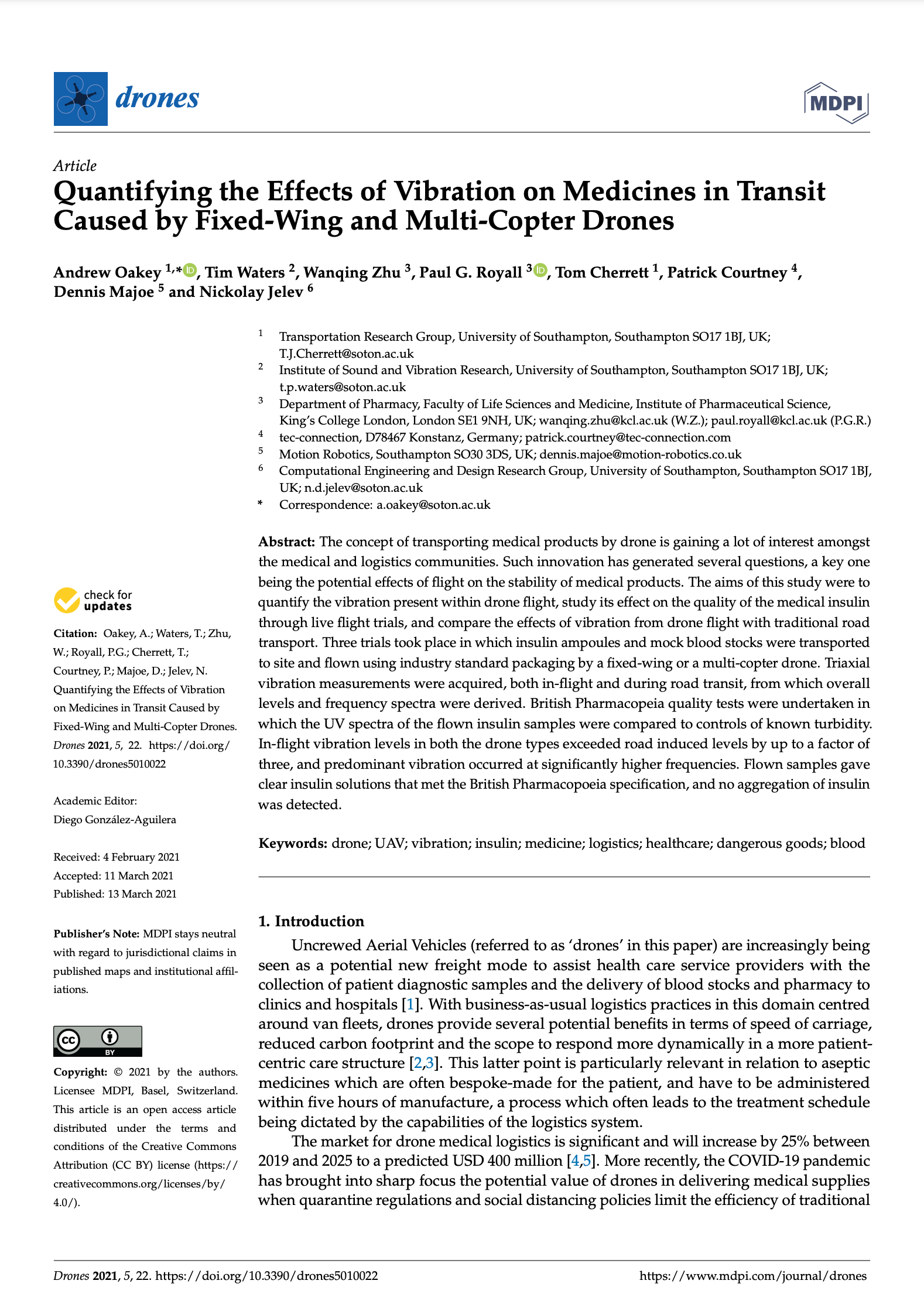 Quantifying the Effects of Vibration on Medicines in TransitCaused by Fixed-Wing and Multi-Copter Drones