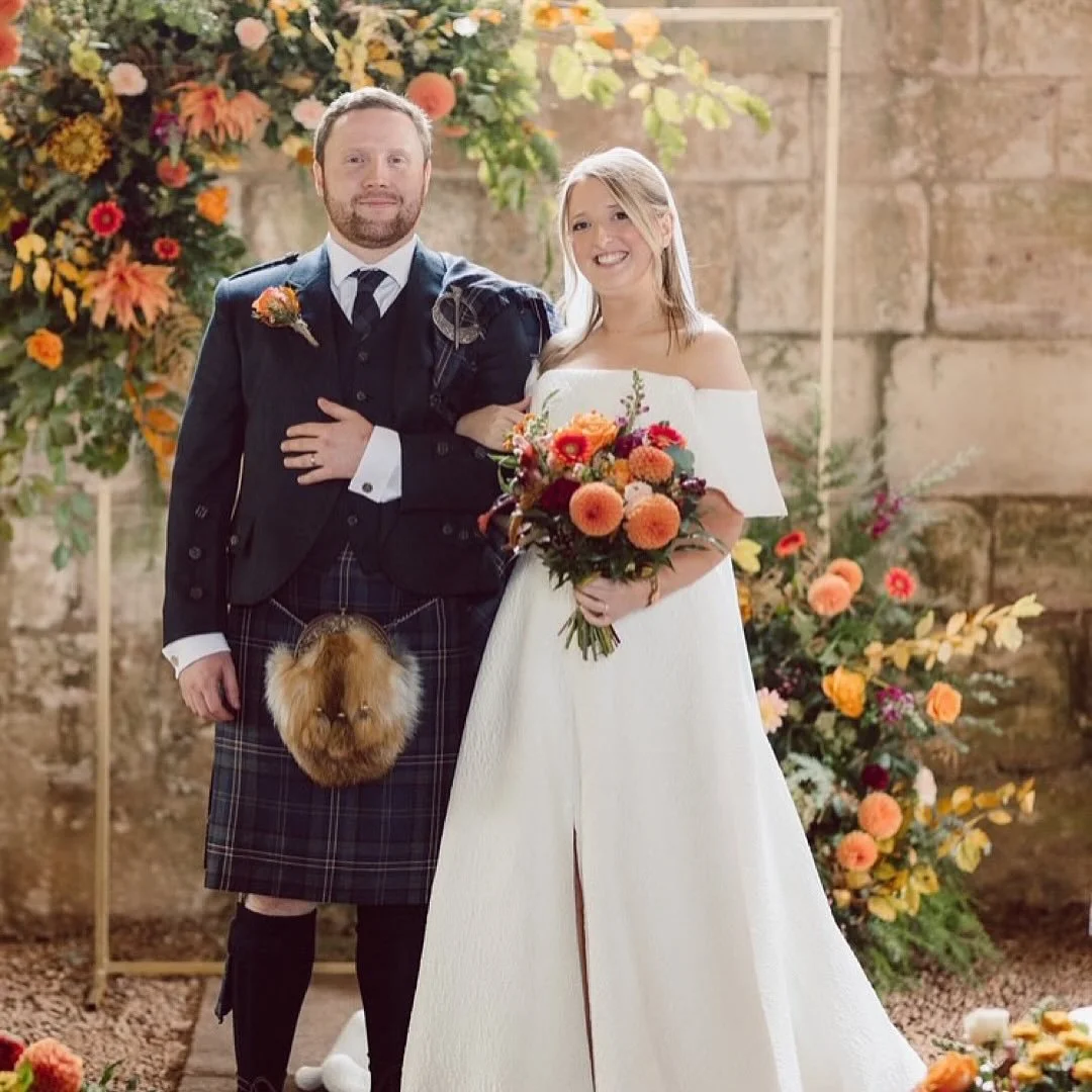 @emmaroyofedinburgh Golden leaves, timeless love 🍂 

We&rsquo;re celebrating our beautiful real bride Helen, who looked radiant in her Freda Bennet gown for her perfectly autumnal wedding at the stunning Dunglass Estate. 

Captured so beautifully by