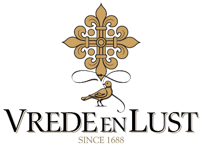 Logo featuring an ornate symmetrical design, a bird, and the text 'VREDE EN LUST SINCE 1688'.