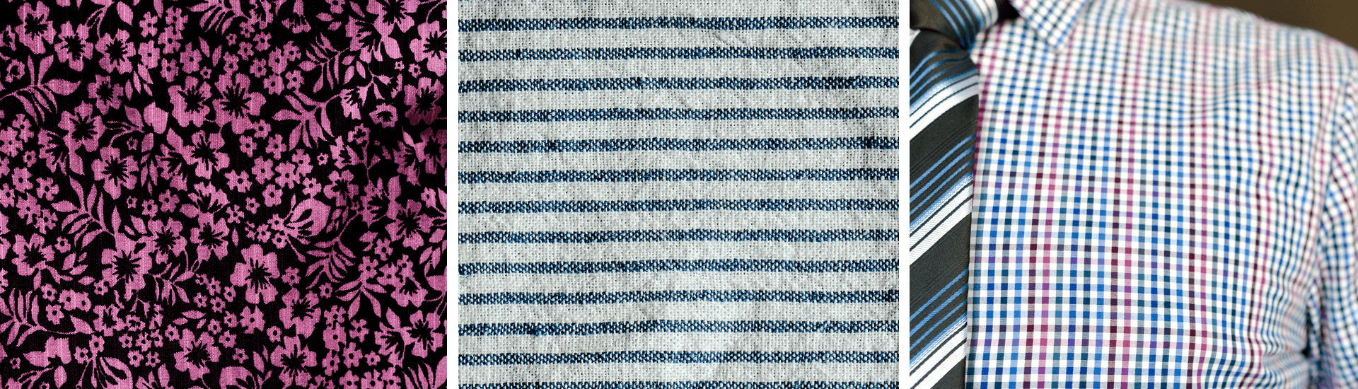 Examples of busy floral, striped, and checked clothing patterns that can distract or shimmer on camera during video filming