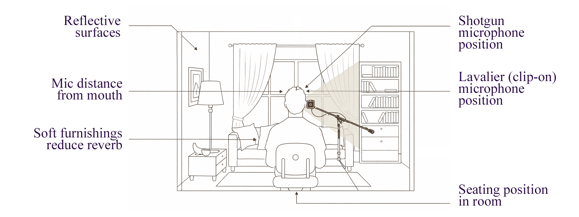 Annotated illustration of a small-room talking-head recording setup showing mic placement, reflective surfaces, soft furnishings that reduce reverb, glass and bare walls, and seating position in room