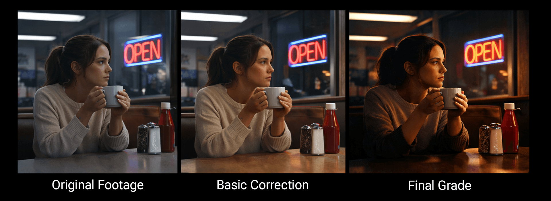 Three-frame colour grading comparison showing original footage, basic correction, and final grade in a diner scene