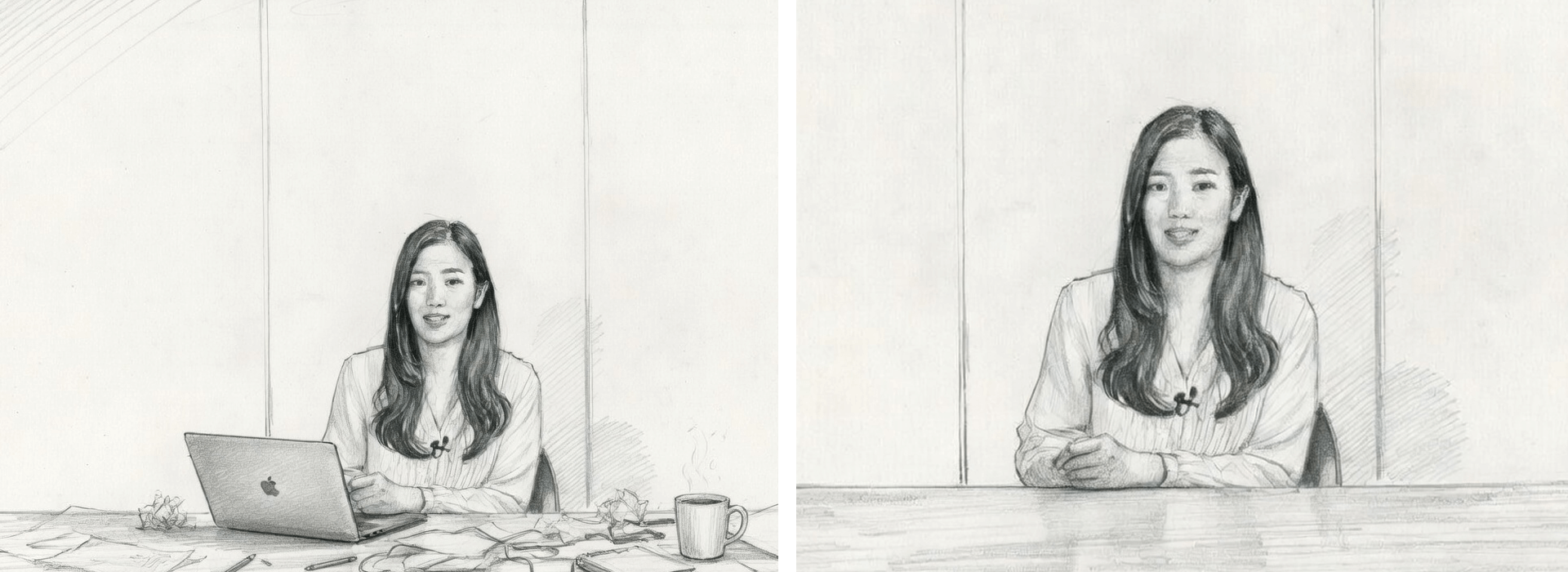 Sketch comparison showing how a wider frame and a tighter frame change subject emphasis in a creator setup