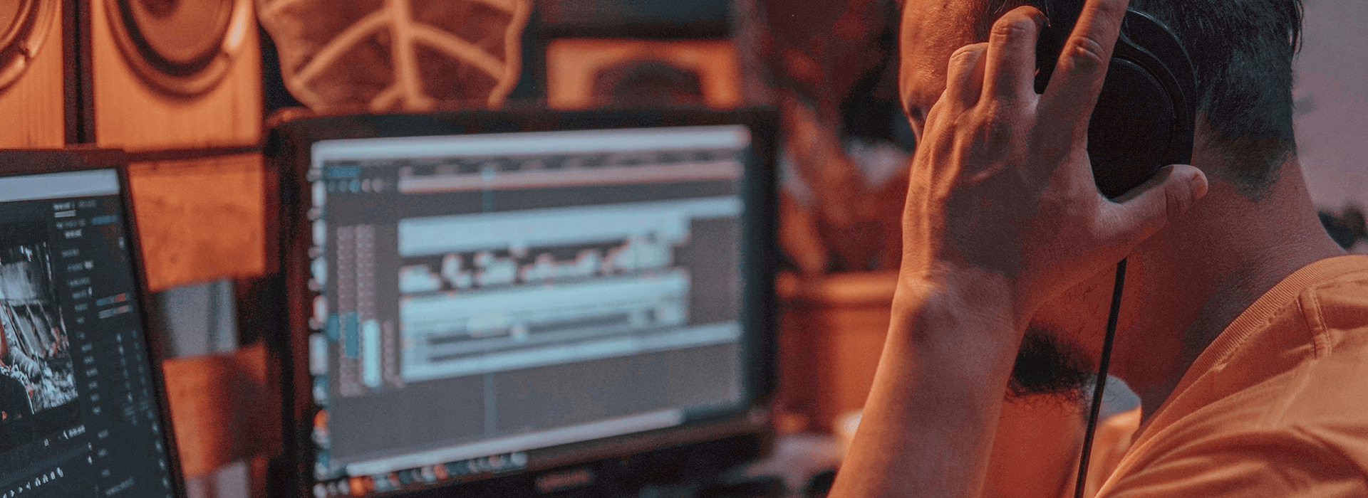 Editor wearing headphones while reviewing a video timeline on a computer screen during audio mixing