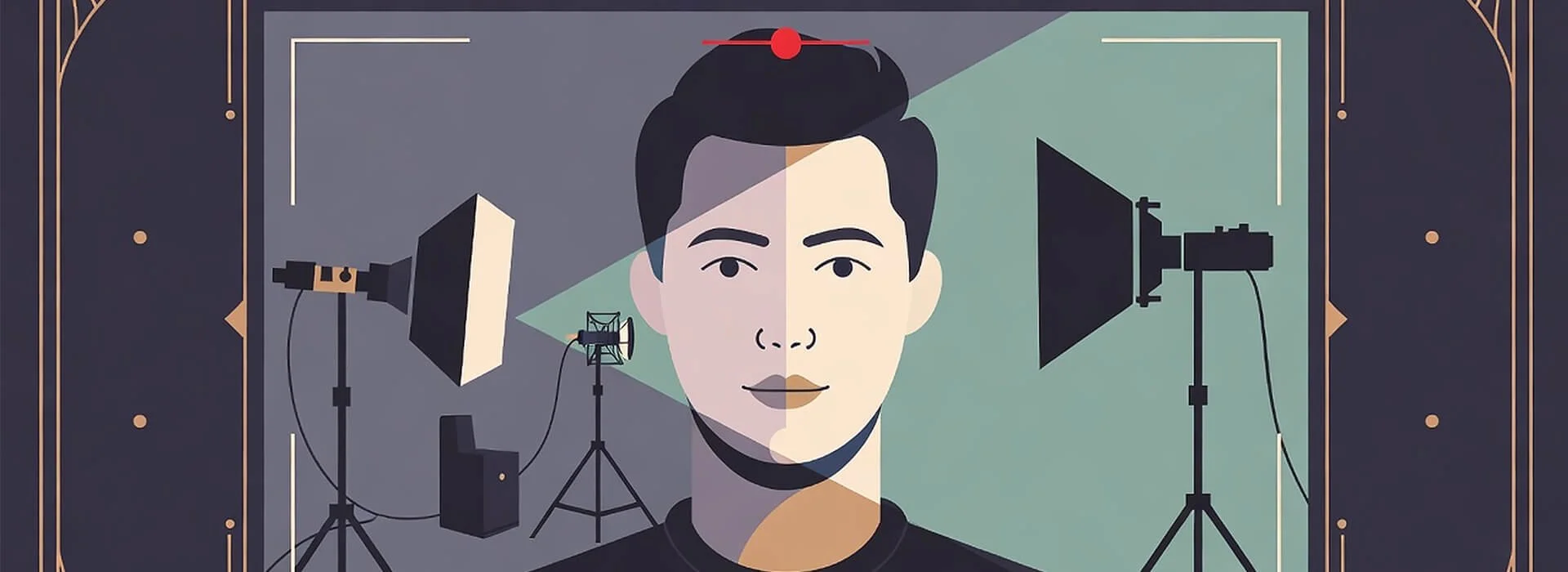 Art Deco style illustration of a presenter in a video setup with studio lights and framing elements, representing lighting, sound and on-camera aesthetics for better video production