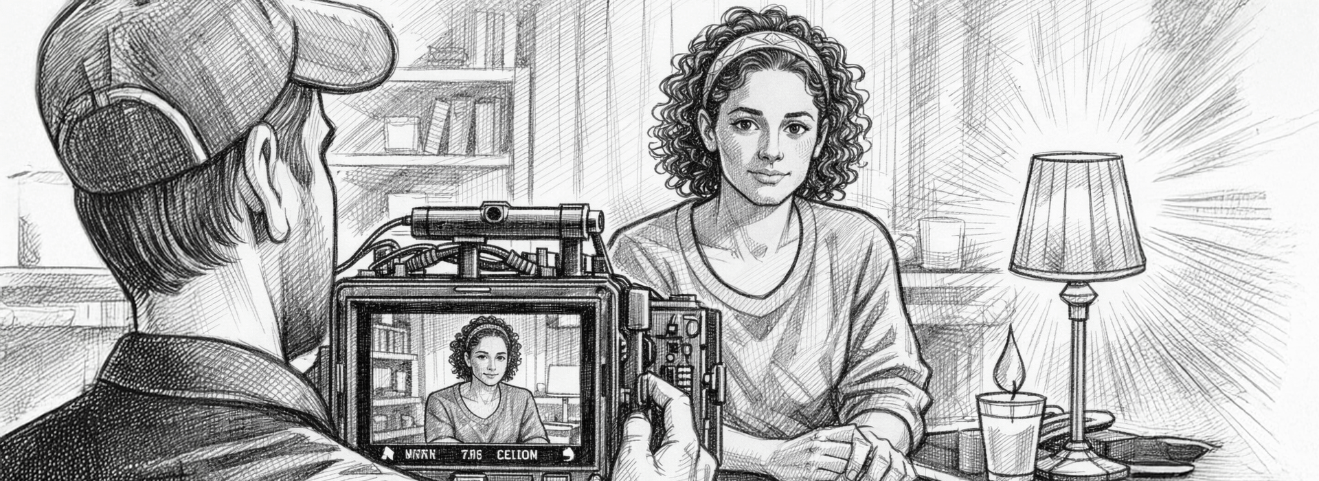 Pencil sketch illustration of a filmmaker recording a seated subject in a carefully framed indoor interview scene