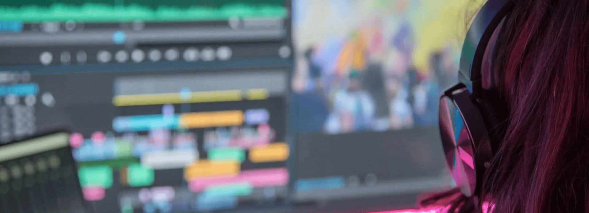 Editor wearing headphones working on a video timeline in editing software, with colourful clips on the screen and a blurred preview in the background. Illustrates the post-production stage of video creation.