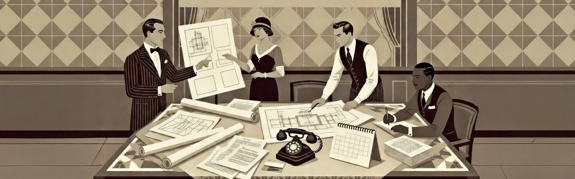 Vintage Art Deco scene of a team in 1920s attire reviewing plans and drawings on a conference table, representing video production planning fundamentals