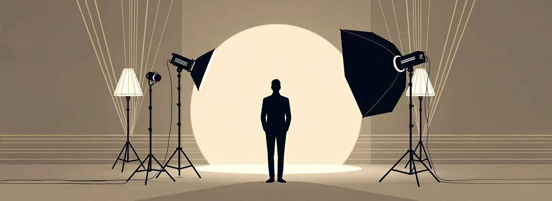 Silhouette of a man in a suit standing in a photography studio under dramatic multi-light setup with beams converging on a circular backdrop.