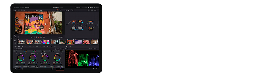 DaVinci Resolve on iPad in colour grading mode: vibrant street art mural preview, colour wheels, timeline thumbnails, and professional scopes (waveform, vectorscope, parade, histogram) showcasing Hollywood-grade mobile editing.