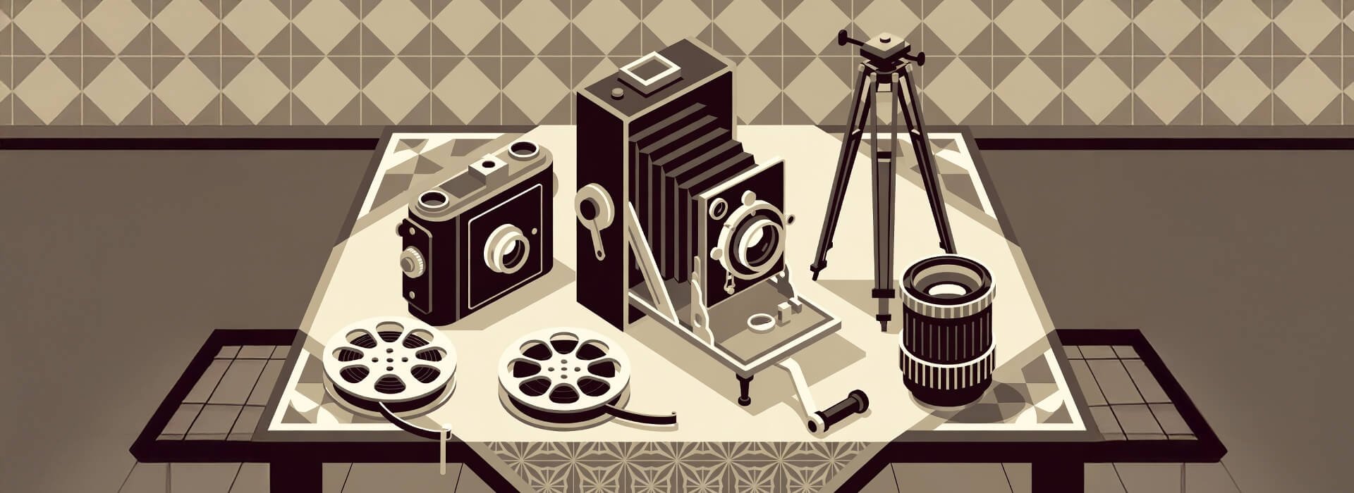 Vintage cameras, lenses, film reels, and a tripod arranged neatly on a wooden table against a retro geometric tiled background, evoking the fundamentals of video and film production