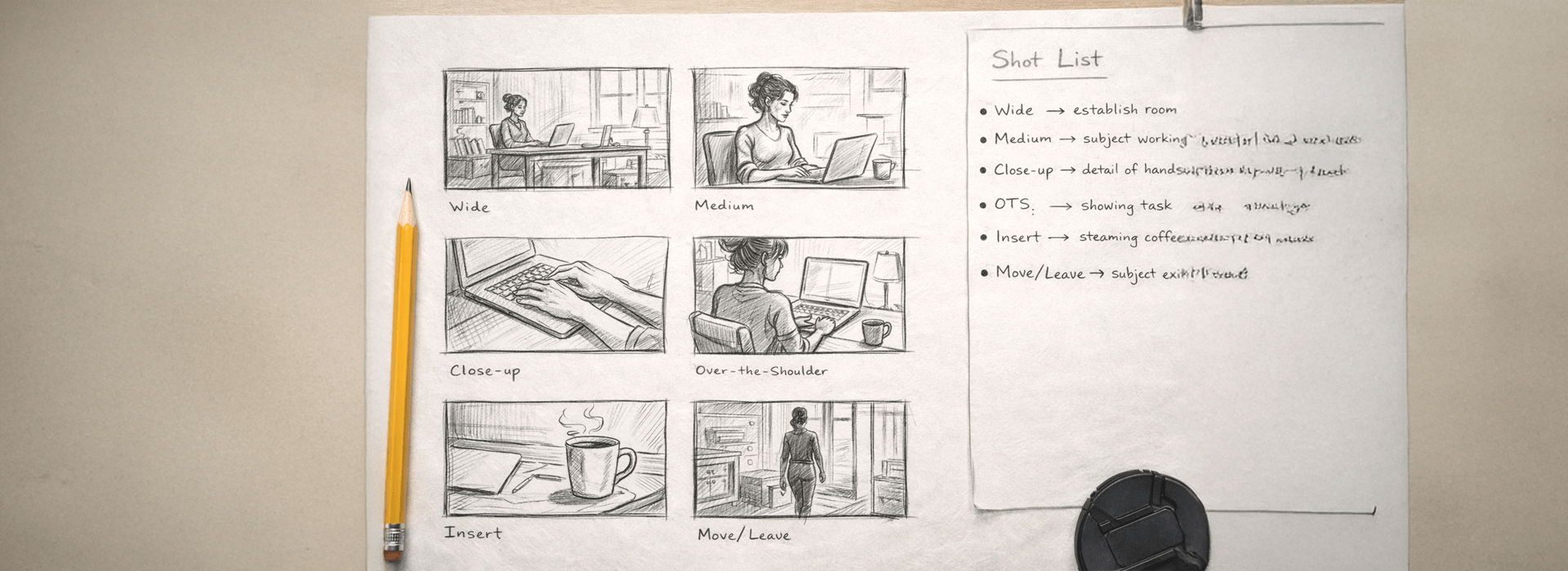 Sketch storyboard and shot list showing wide, medium, close-up, over-the-shoulder, insert, and exit shots for a short filmed scene