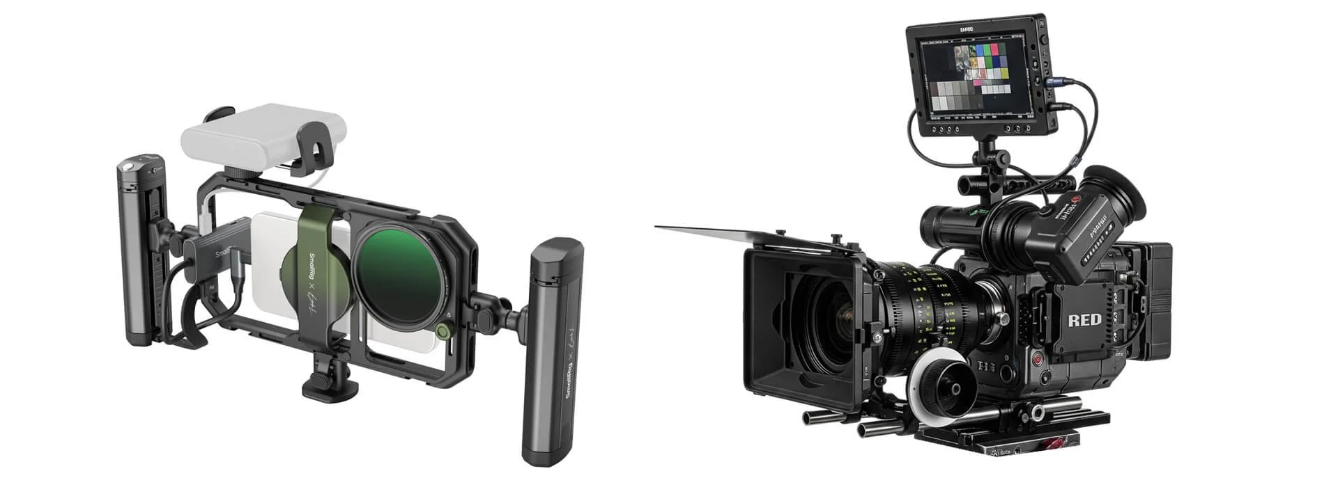 A side-by-side comparison of a mobile rig with a phone, cage, grip, boom mic, and LED light, versus a pro rig with a camera and lenses, showing affordable versatility versus advanced power.