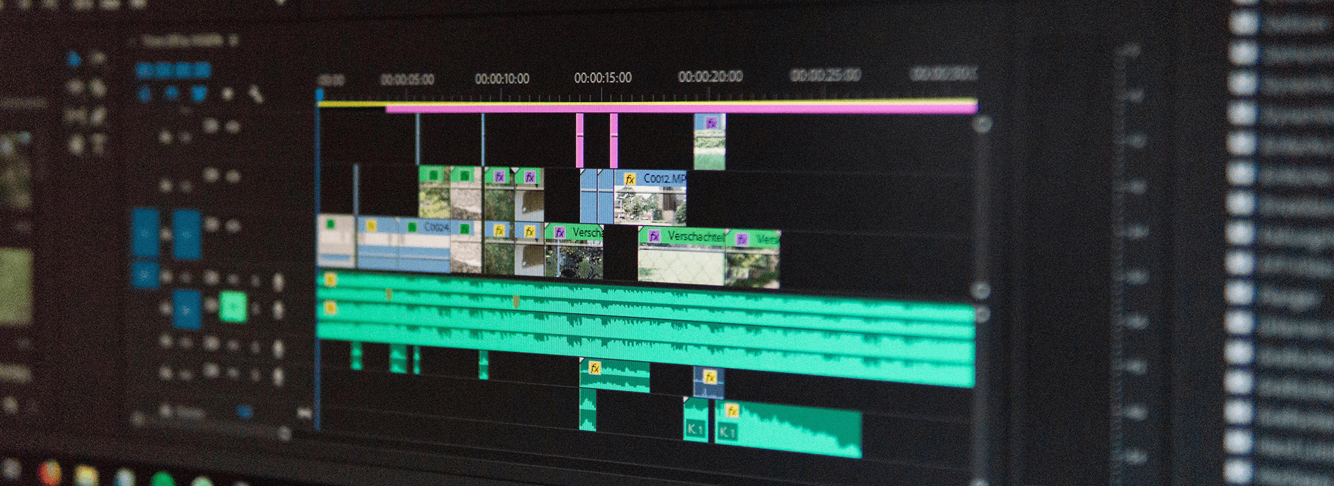 Audio editing timeline showing layered sound tracks used to balance dialogue, ambience, effects, and music in video post-production