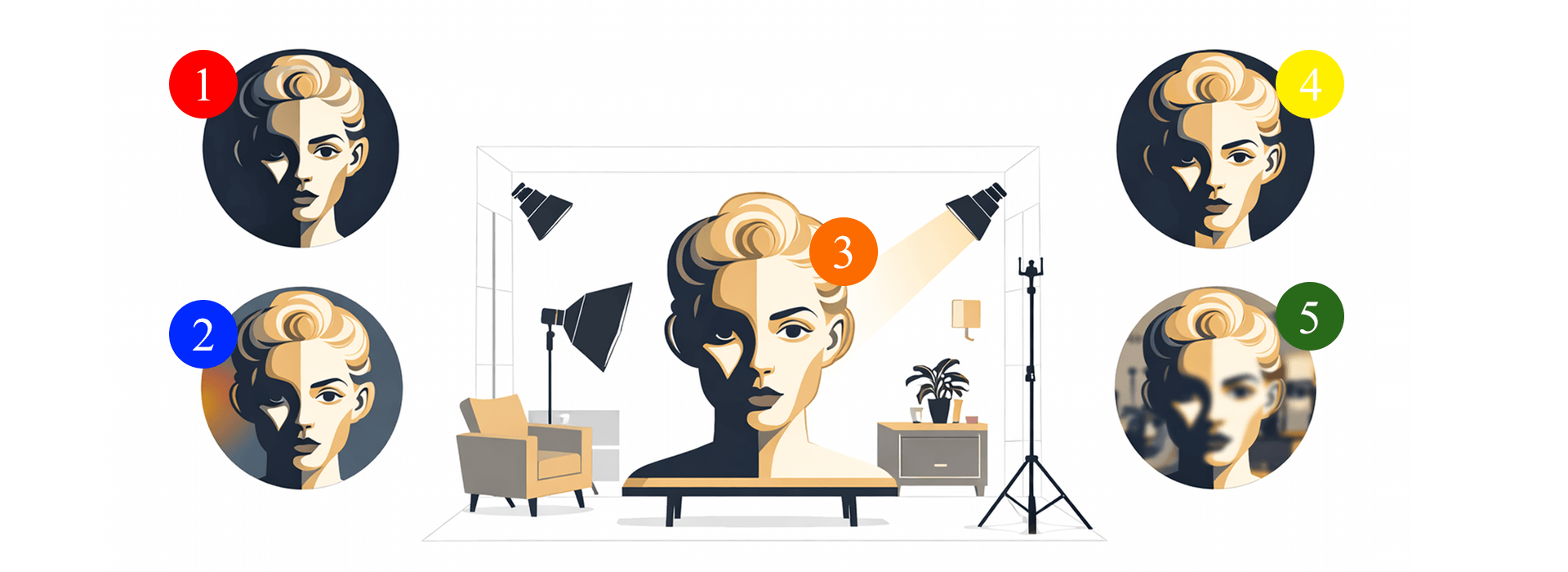 Numbered video setup troubleshooting graphic showing common talking-head issues including harsh shadow, mixed lighting, blown highlights, background clutter, and poor subject separation.