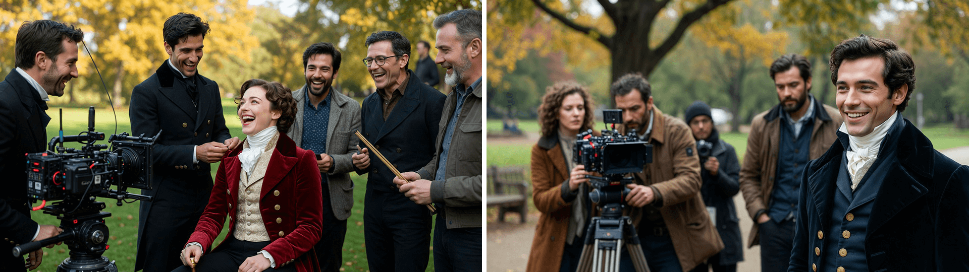 Joyful behind-the-scenes moments on a Regency-era film set: actors in period costumes laughing with diverse crew in an autumn park.