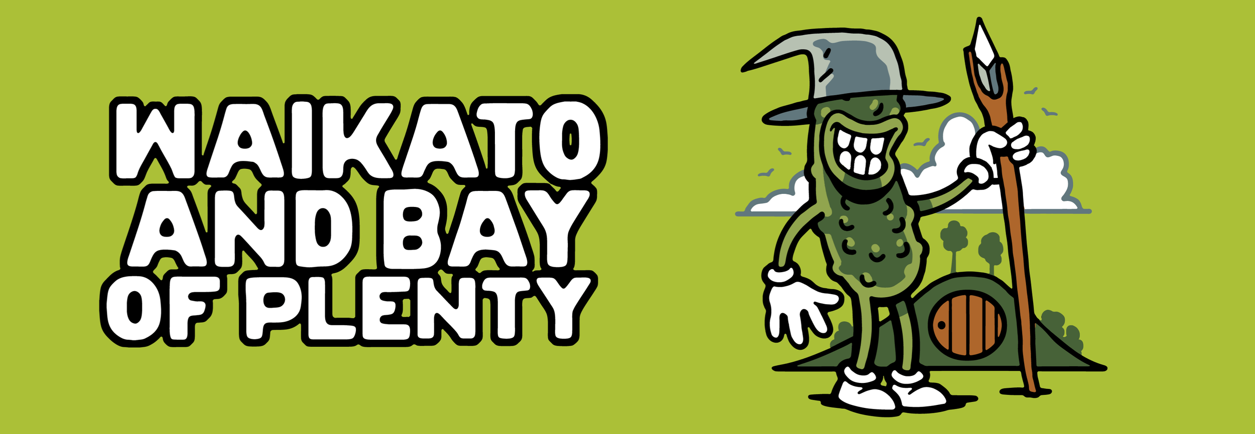 A cartoon frog dressed as a wizard, holding a staff, standing in front of a green background with the words 'WAKATO AND BAY OF PLENTY' in bold white and black text.