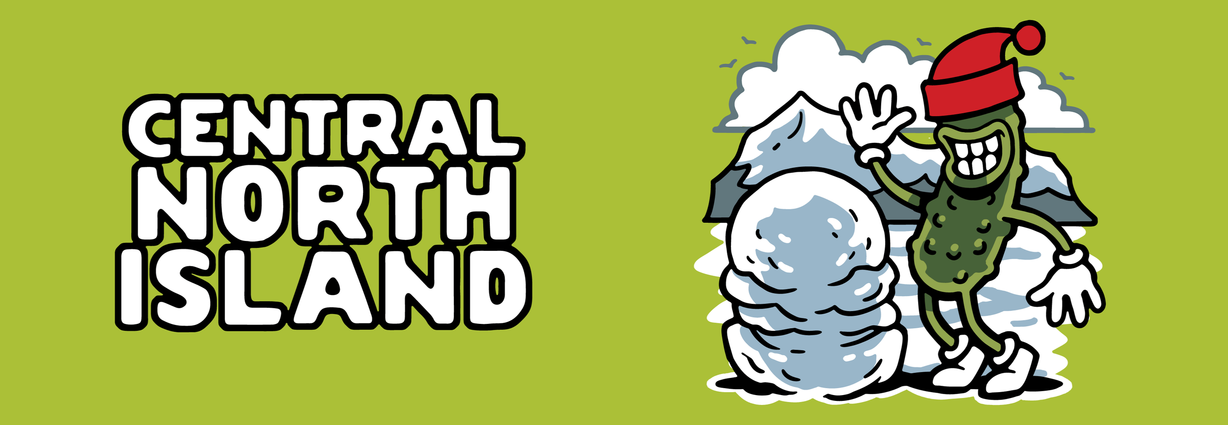 Cartoon character of a smiling cactus wearing a red hat and white shoes, waving, next to a snowman with snow-covered mountains in the background, with the text 'Central North Island' on a green background.