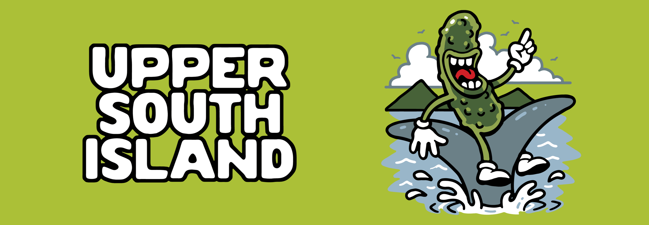 Cartoon-style image with green background featuring text 'Upper South Island' and a cartoon pickle character riding a shark in the ocean, with mountains, clouds, and seagulls in the background.