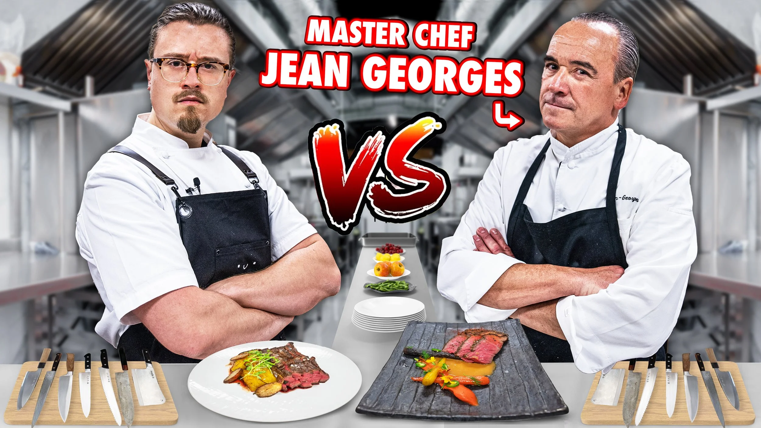 Two male chefs in white uniforms and black aprons stand with arms crossed in a kitchen. The chef on the left has glasses and a goatee, and his dish features sliced beef with vegetables on a white plate. The chef on the right has slicked-back hair, and his dish features a sliced steak with vegetables on a black plate. A row of knives and cutting boards are in front of each chef. The text reads 'Master Chef Jean Georges' at the top, with a 'VS' in the center.