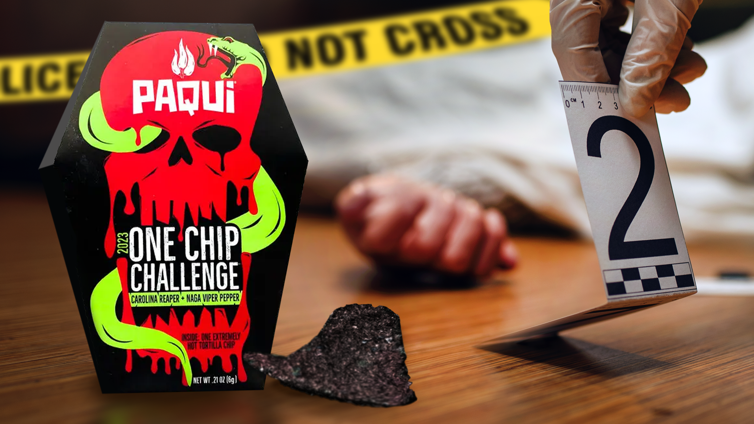 A forensic investigation scene with a forensic marker, a drug sample, a criminal evidence bag labeled 'PAQUI One Chip Challenge,' and a shredded hand in the background. The evidence bag features a red skull graphic with green accents and the text 'One Chip Challenge 2023' including Carolina Reaper and Naga Viper Pepper ingredients, and a black and white caution tape saying 'LICEE NOT CROSS' is in the background.