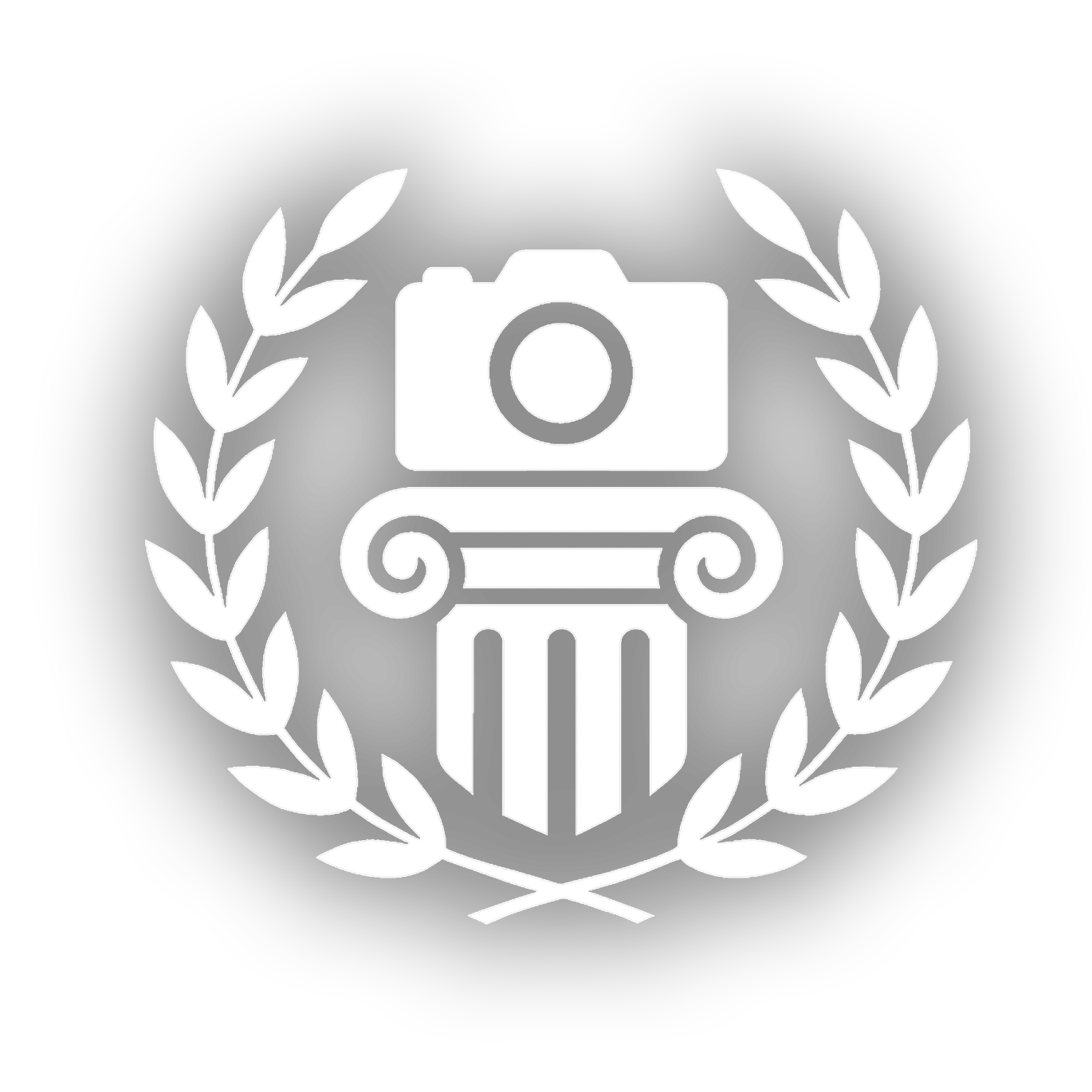 Icon of a camera on a pedestal with a laurel wreath surrounding it, all in black and white.