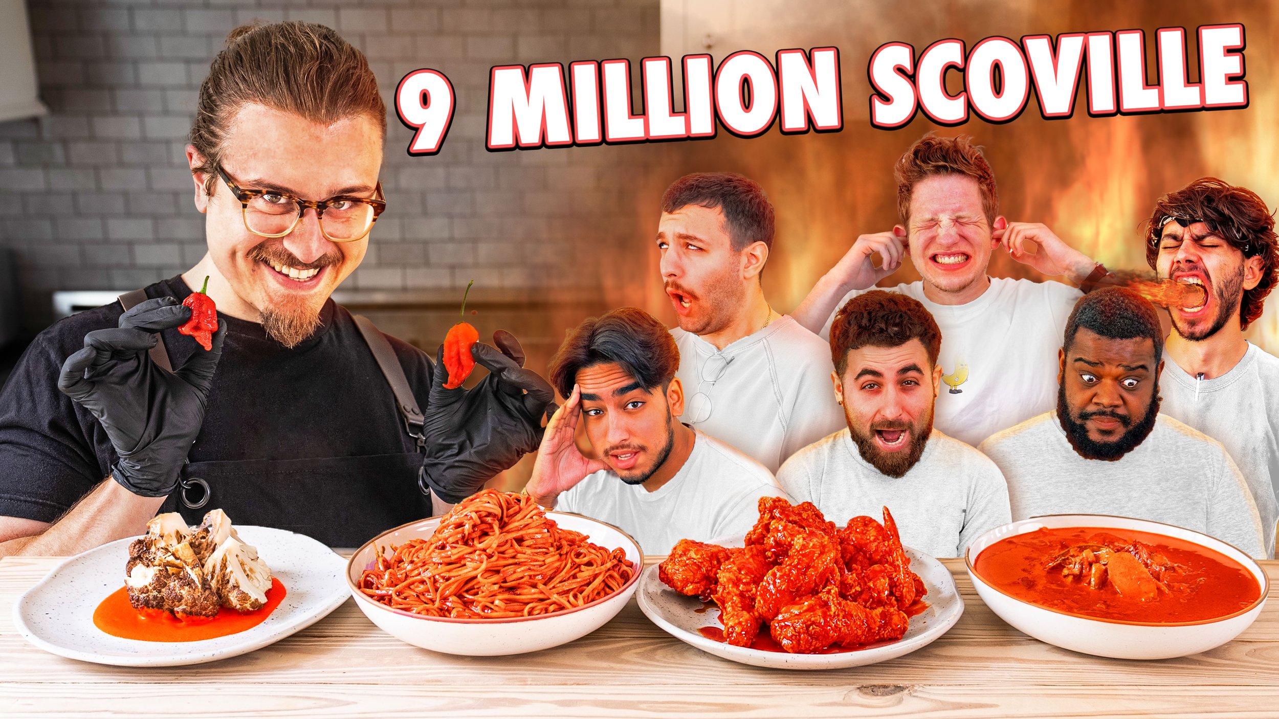 Group of diverse men experiencing spicy food challenge with plates of chili, noodles, fried chicken, and soup, and a chef holding chili peppers in a kitchen background.