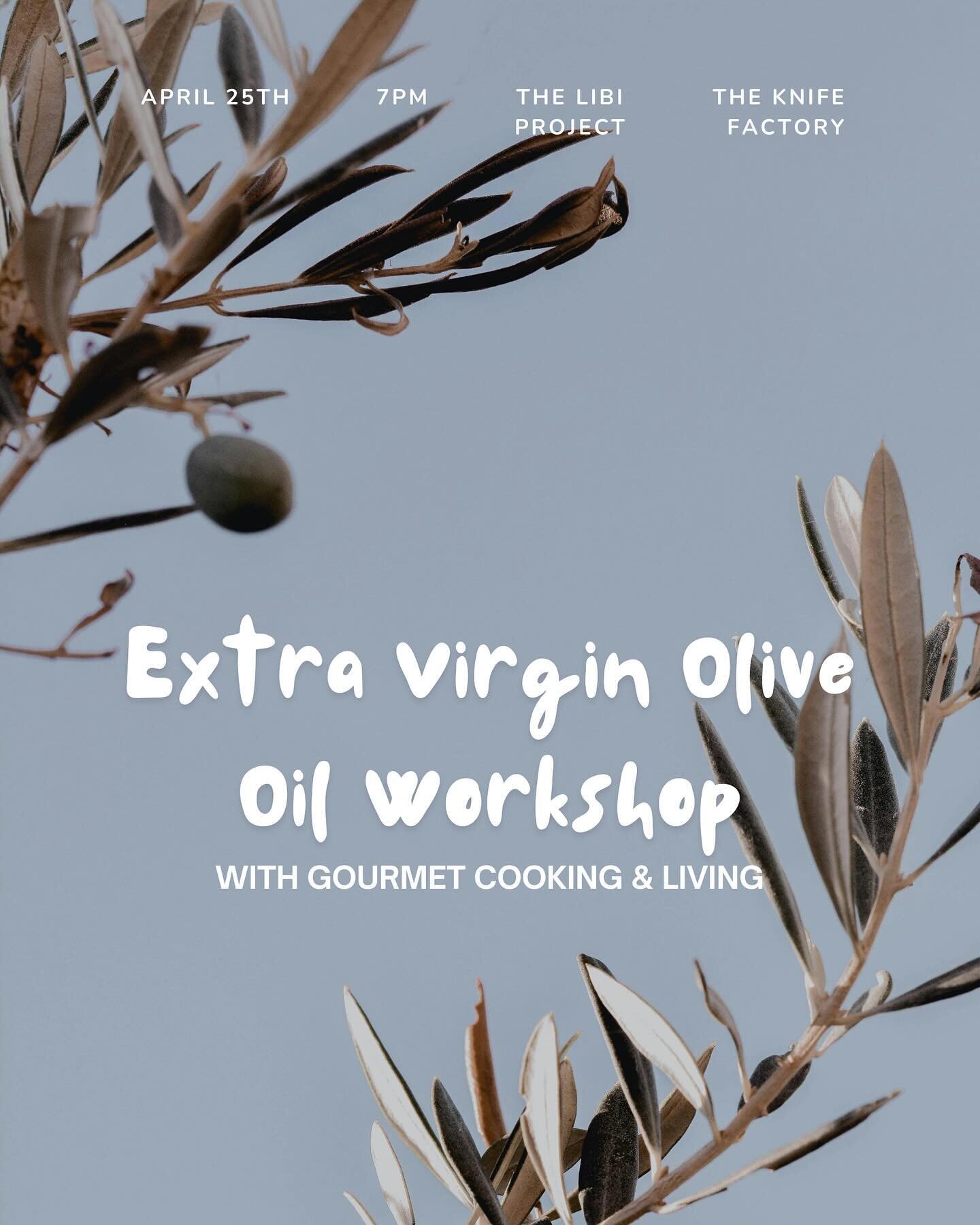 Join us on April 25th @theknifefactory for an EVOO workshop led by Gourmet Cooking &amp; Living where you will discover and taste 6 different extra virgin olive oils from 6 different regions across Italy. Each bottle is produced by farmers of single 