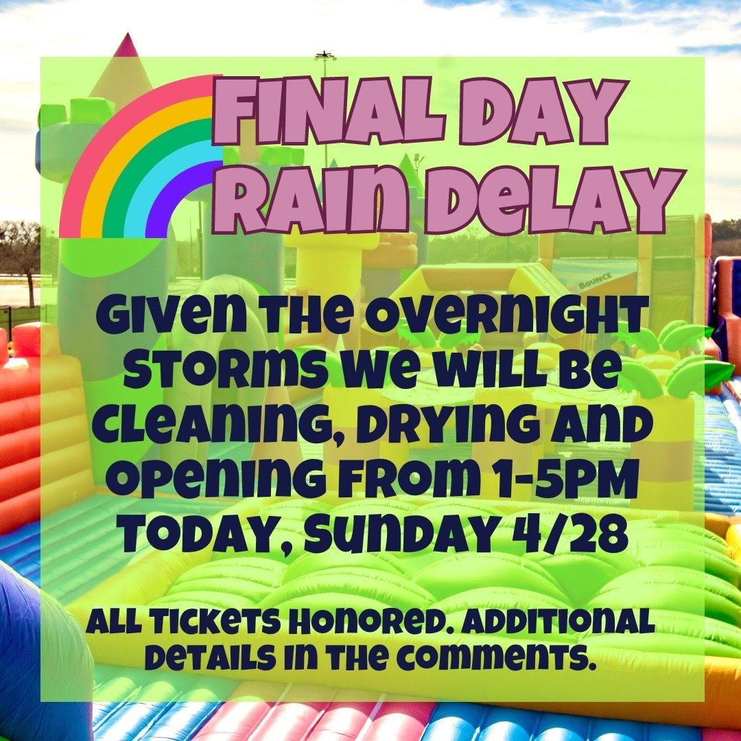 Rain delay on this, our final day of the season in San Antonio! We will open from 1-5PM today, after the park is cleaned and dry from the storms. All tickets honored, no need to reschedule. Please just arrive in that time frame for a final jump at th