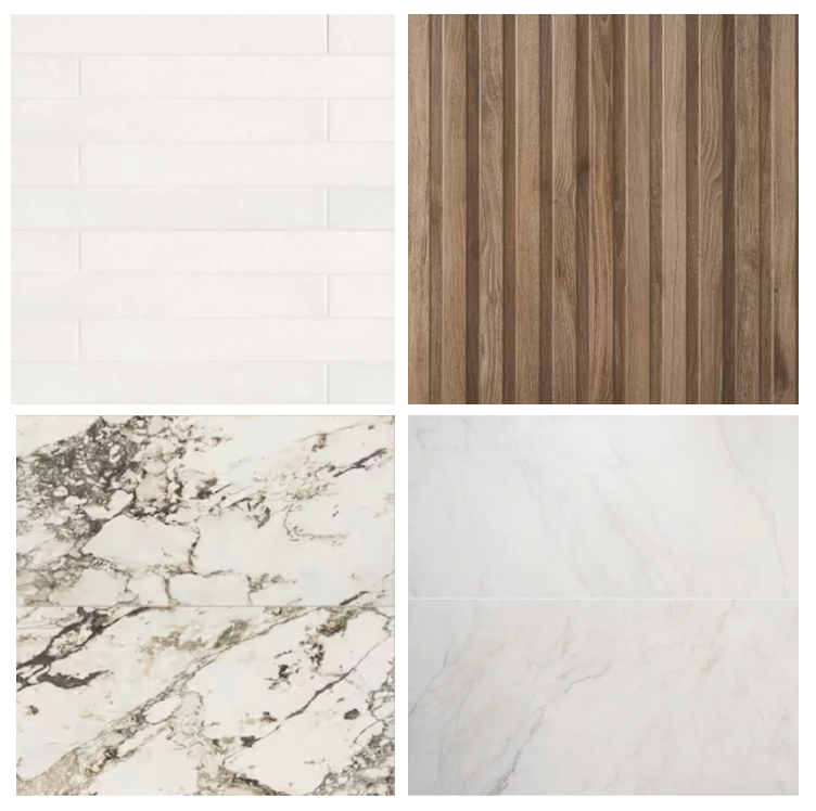 A collage of four different wall and floor surfaces: white brick wall, wooden panel wall, marble surface, and light-colored tiled floor.