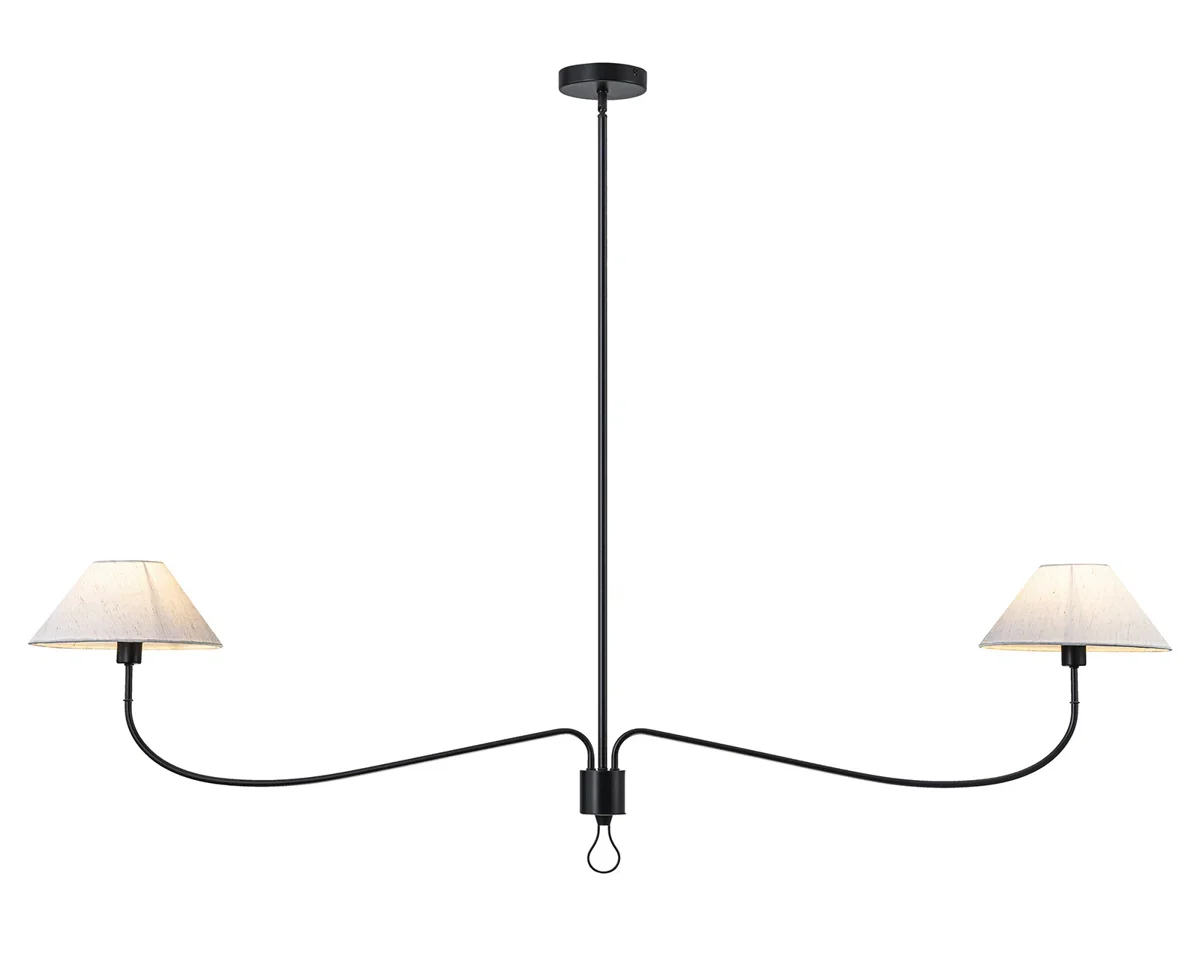 A modern black chandelier with two fabric lampshades on curved arms and a central socket with a hanging loop, isolated on a white background.