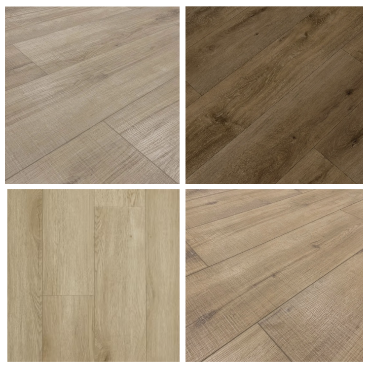 Four images of different types of wooden flooring, each showing a close-up view of the wood grain and planks with varying shades and textures.