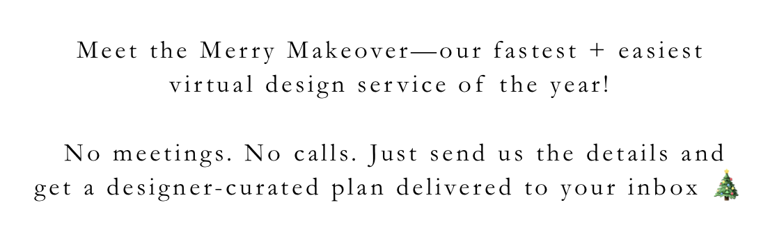 Text advertising a virtual design service called Merry Makeover with a Christmas tree emoji at the end.