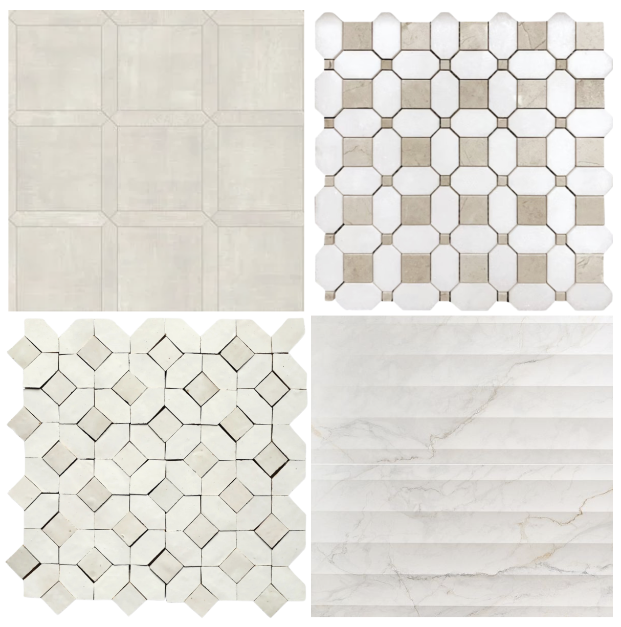 A collage of four sets of white and beige tile samples with different patterns and textures for flooring or wall decor.