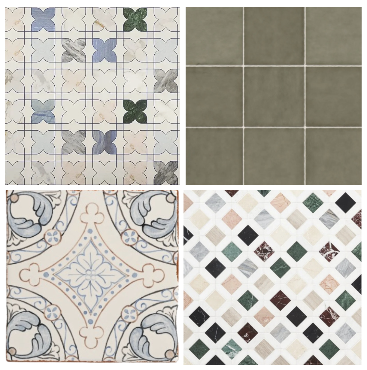 Four different tile patterns: top left has colorful floral motifs with blue, green, gray, and pink shades; top right is plain green tiles with white grout lines; bottom left has ornate, classical design with beige, blue, and black accents; bottom right consists of small multicolored diamond-shaped tiles in shades of green, black, white, pink, and beige.