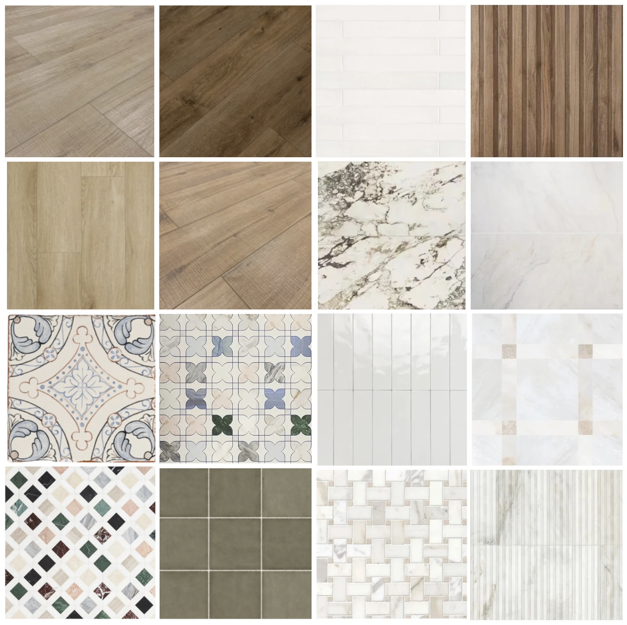 Collection of various flooring and tile patterns, including wood floor textures, marble, ceramic tiles with different designs, and patterned tiles with geometric, floral, and striped motifs.