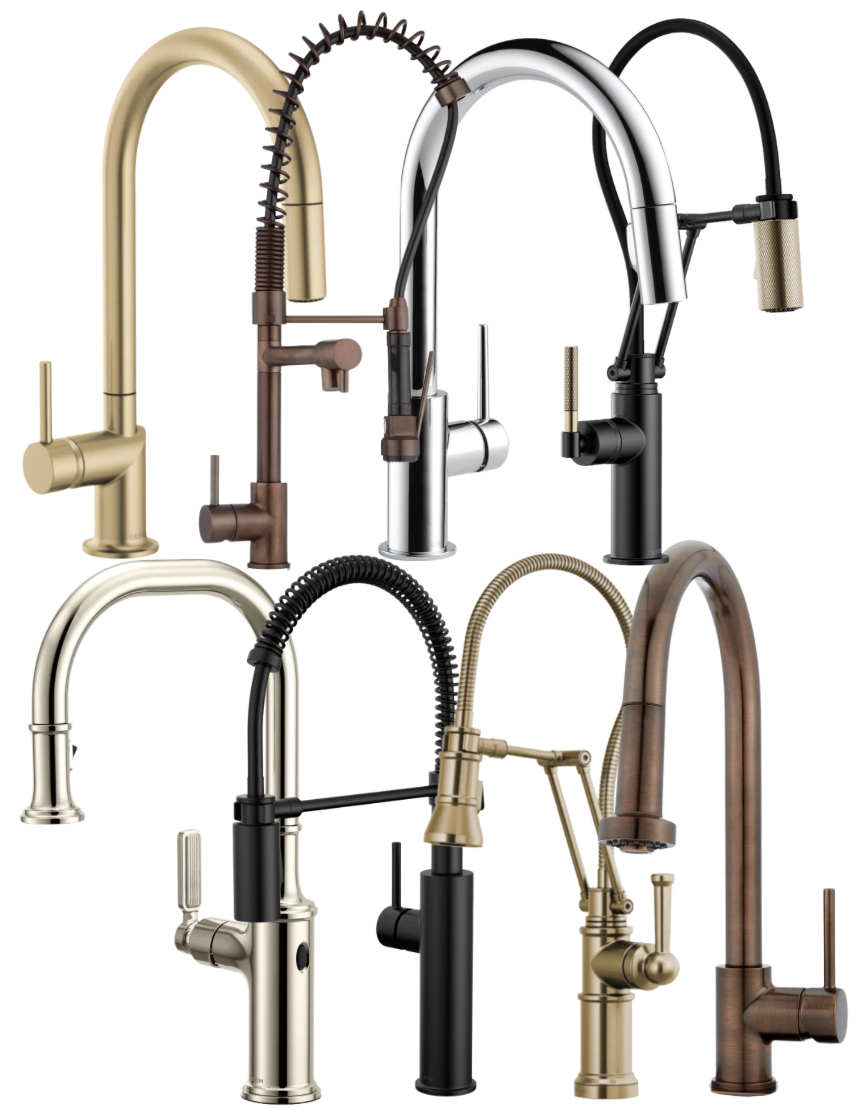 Multiple kitchen and bathroom faucets in different finishes such as gold, bronze, chrome, black, and copper.