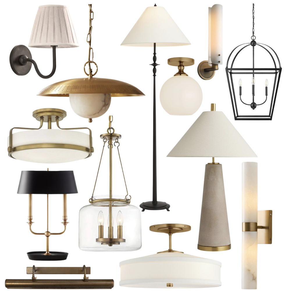 Collection of various modern and vintage-style ceiling, floor, wall, and table lamps with different shapes, sizes, and finishes in black, white, gold, and brass.