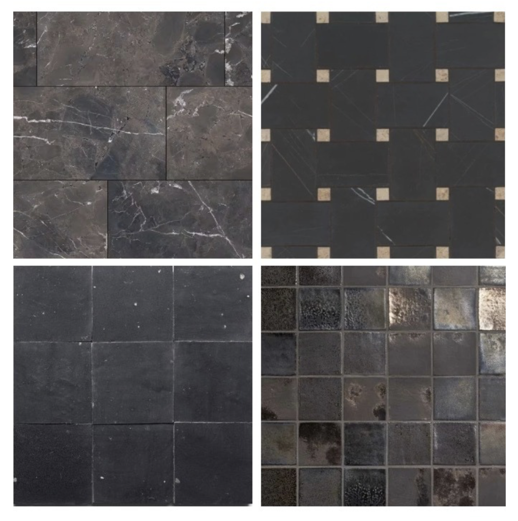 Four different types of tiles arranged in a grid, including dark marble tiles, black tiles with small beige accents, black tiles with white specks, and a mosaic of small square tiles in various shades.