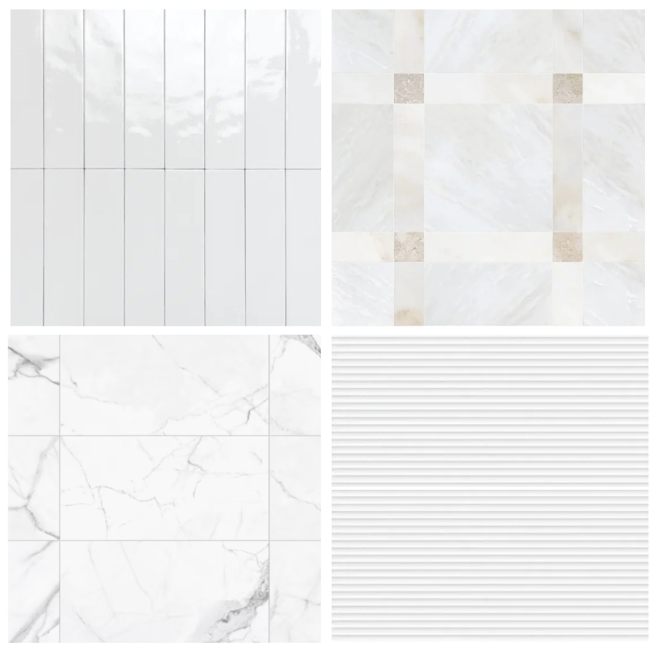 Collage of four different tiles: top left with vertical white rectangular tiles, top right with cream and beige square tiles, bottom left with white marble tiles with gray veining, bottom right with white tiles with parallel ridges.