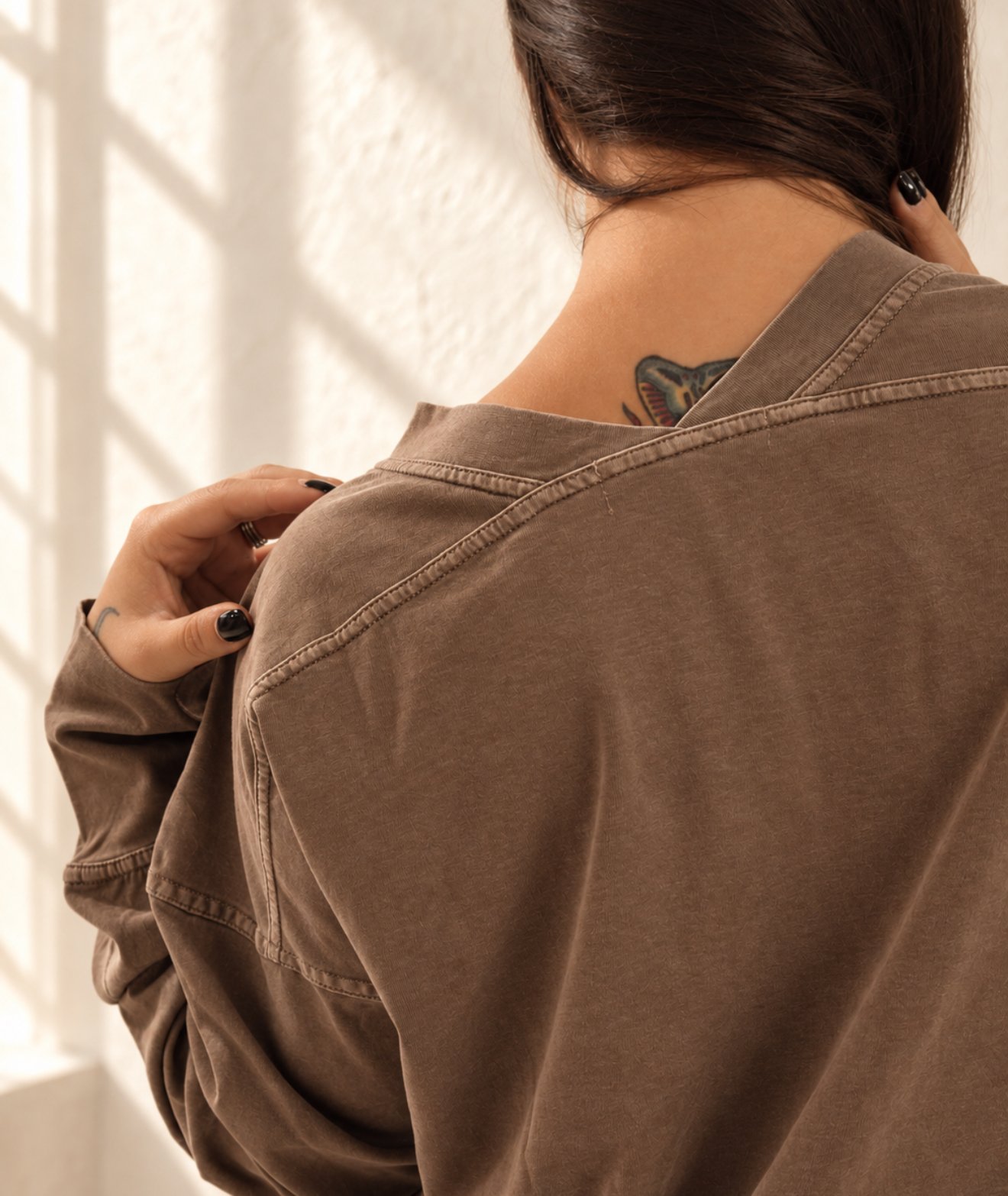 The Mineral-Wash V-Neck Long Sleeve Tee in Mocha