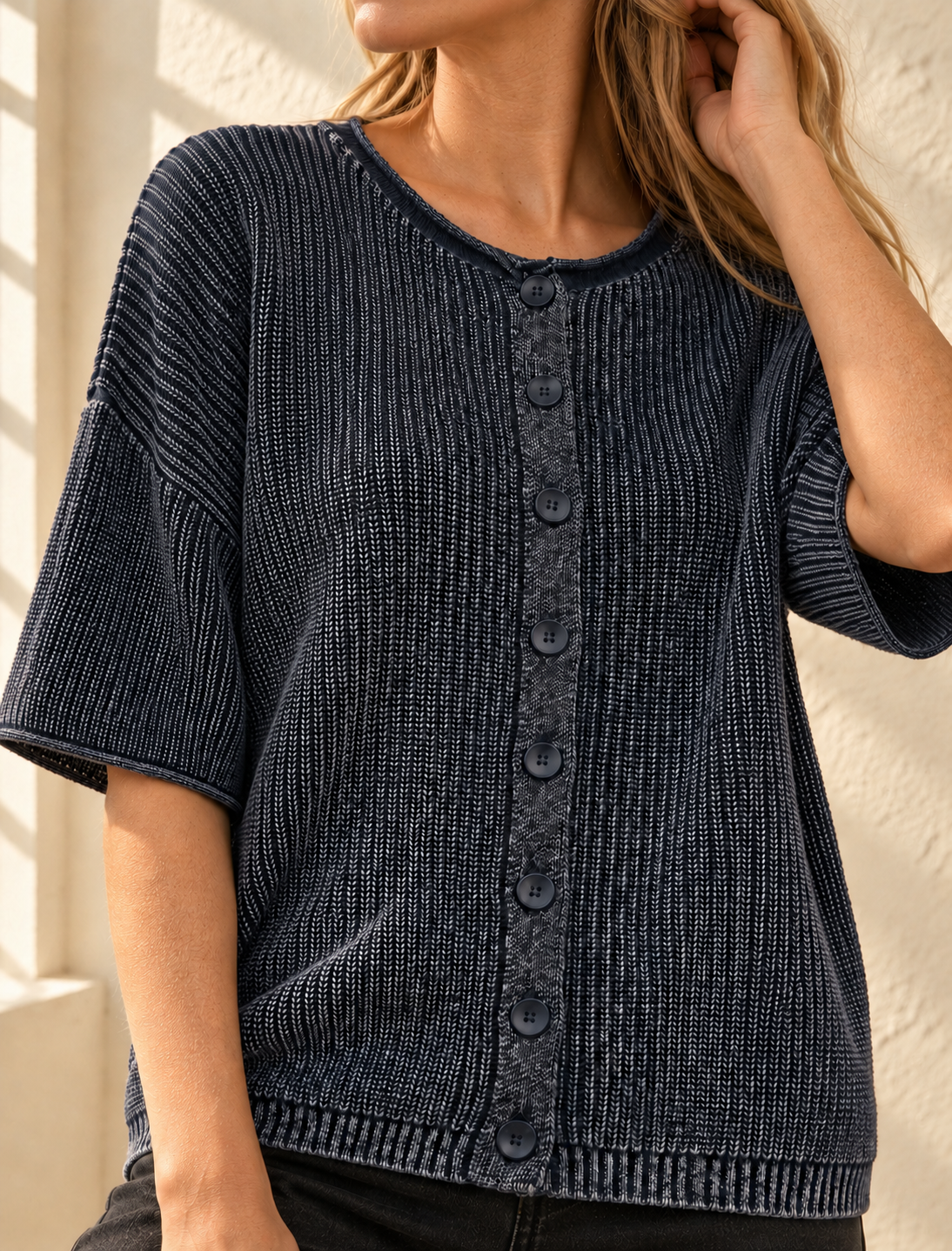 The Mineral-Washed Ribbed Short Sleeve Sweater in Navy