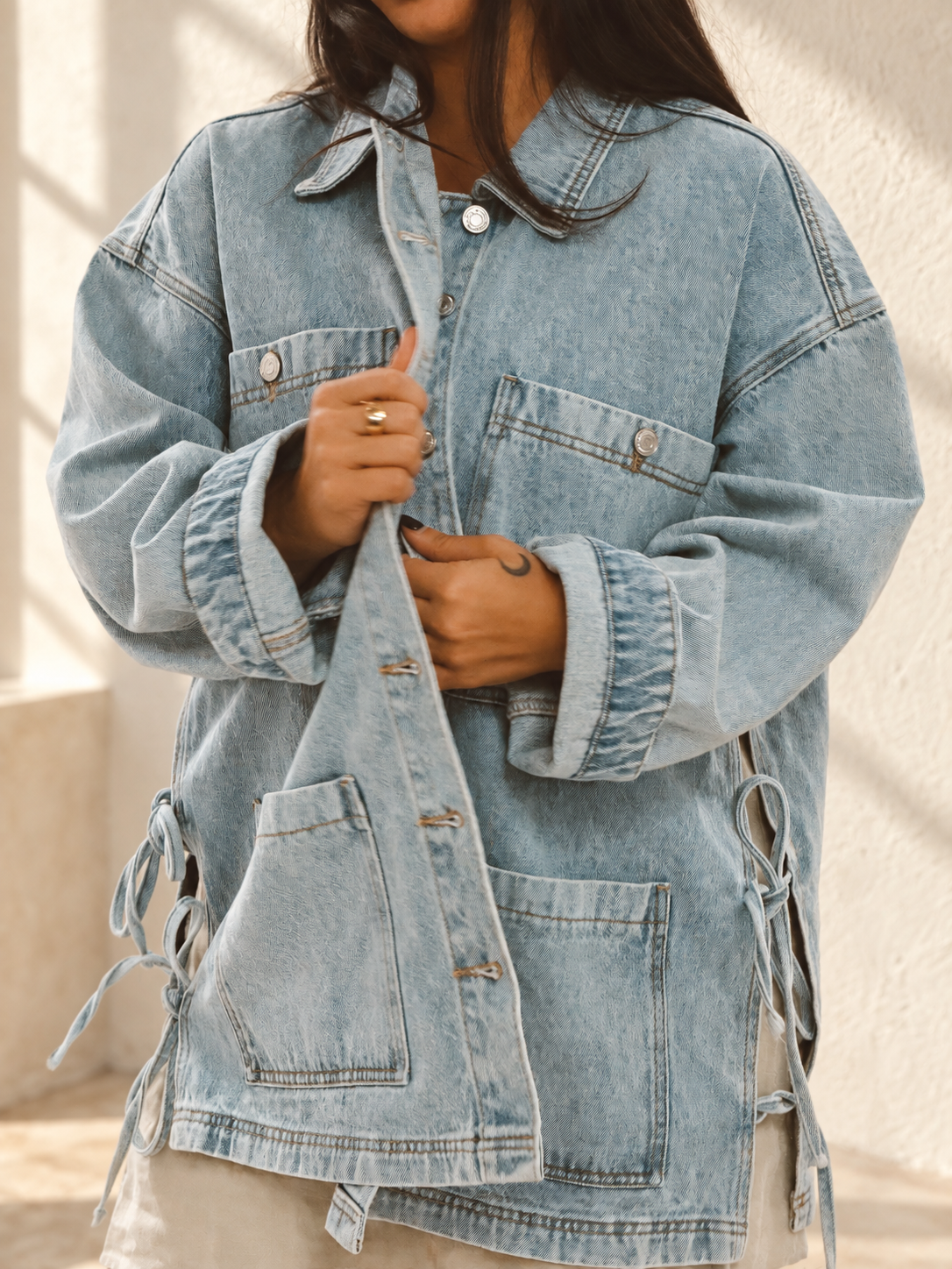 Boho Oversized Light Wash Side Tie Denim Jacket