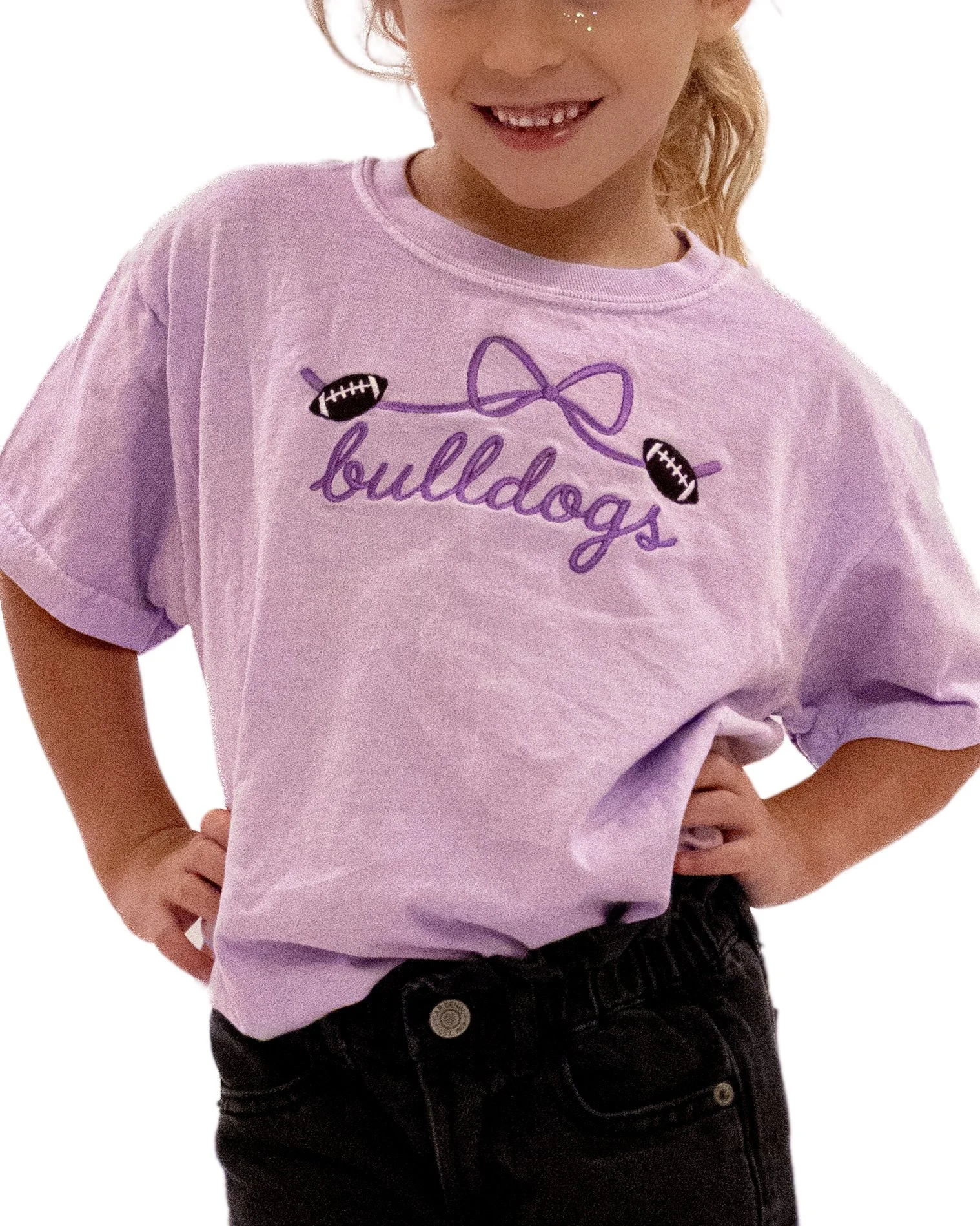 Kids Lavender Ribbon Bow "Bulldogs" Embroidered Tee