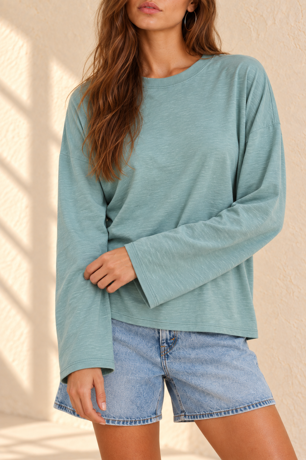 The Slub Cotton Wide-Sleeve Long Sleeve in Sage