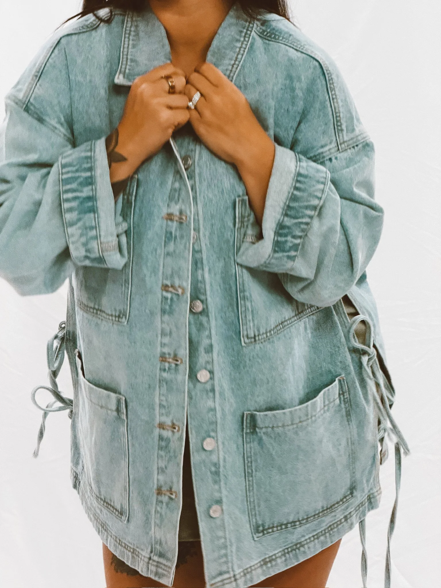 Boho Oversized Light Wash Side Tie Denim Jacket